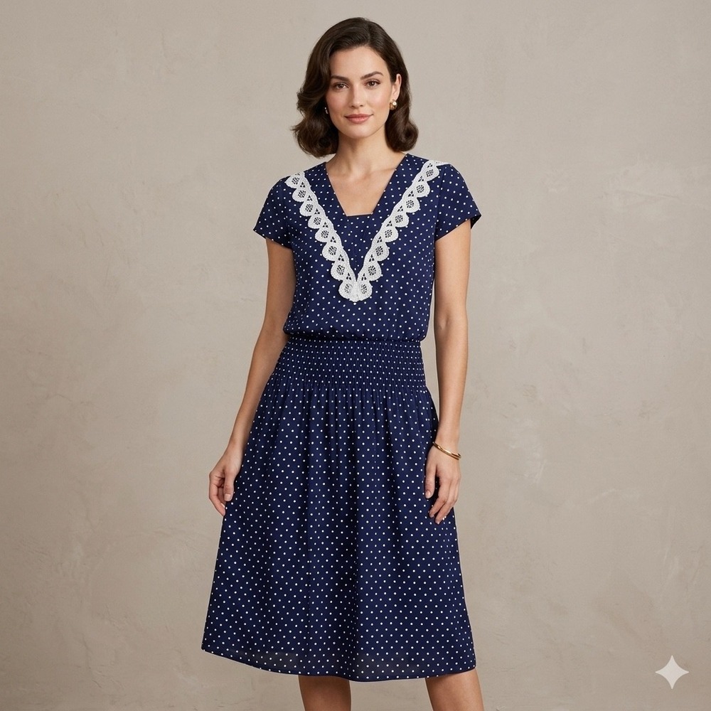 VTG Gilberti Polka‎ Dot Dress 12 Navy Blue Lace Trim Smocked Retro Cottagecore